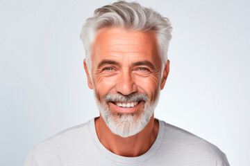 Close-up of a handsome mature man smiling with clean teeth. for a dental advertisement. guy with fresh stylish hair and beard with strong jaw. isolated on white background