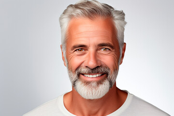 Close-up of a handsome mature man smiling with clean teeth. for a dental advertisement. guy with fresh stylish hair and beard with strong jaw. isolated on white background