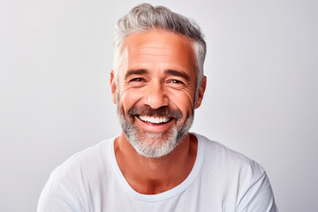 Close-up of a handsome mature man smiling with clean teeth. for a dental advertisement. guy with fresh stylish hair and beard with strong jaw. isolated on white background