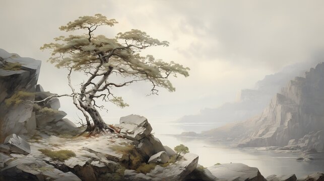 Tree and rocky cliff with mountain