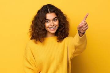 A 17 years old girl on a yellow background gesticulates with her index finger, copy space