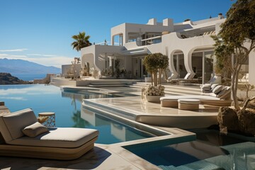Fototapeta premium Luxury Waterfront Villa with Private Pool and Ocean Views. Mediteran.Summer vacation background.
