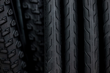 Bike cycle tire tread. Cycling black rubber tyre for street road and mountain bike track type for background