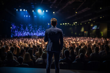 Back view of motivational speaker standing on stage in front of audience for motivation speech on conference or business event - obrazy, fototapety, plakaty