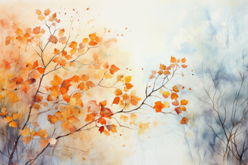 Watercolor Autumn leaves abstract background, Colorful foliage in park