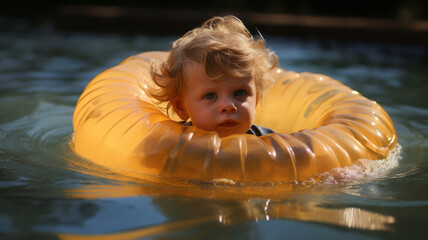 child swims in an inflatable pool