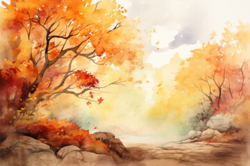Watercolor Autumn leaves abstract background, Colorful foliage in park