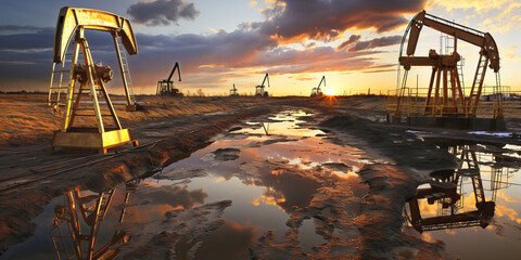 Crude oil pumpjack rig on desert silhouette in evening sunset
