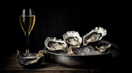 Fototapeta premium Close up of opened fresh oysters with lemon and champagne.