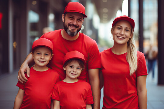 dad and mam and two kids wearing blank red tshirt