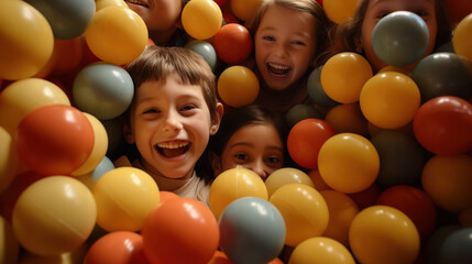 Fototapeta na wymiar Group of children friends playing a game in the ball pit