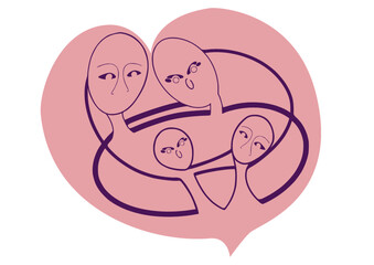 Family, everyone hugs in the heart, very simply drawn with a line. Logo, emblem vector