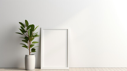 Interior mockup with portrait frame on wall high key