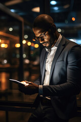 Pensive African American entrepreneur using digital tablet in night time - obrazy, fototapety, plakaty