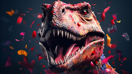 T-Rex Smiles in Front of Confetti - Cheerful Dinosaur