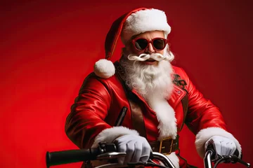 Foto op Canvas Photo of confident Santa Claus ready ride retro bike wear sunglass x-mas hat suit on red color background © AI_images