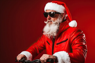 Photo of confident Santa Claus ready ride retro bike wear sunglass x-mas hat suit on red color background