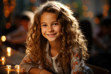 Caucasian girl sitting in a modern classroom at a school table