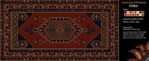 Colorful carpet pattern for knitting cross stitch, carpet, rug, fabric, knitting, etc., with mosaic squares and grid guidelines. 2100 stitches. Read the index to learn the details.