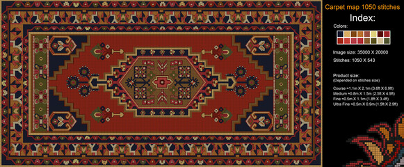 Colorful carpet pattern for knitting cross stitch, carpet, rug, fabric, knitting, etc., with mosaic squares and grid guidelines. 1050 stitches. Read the index to learn the details.