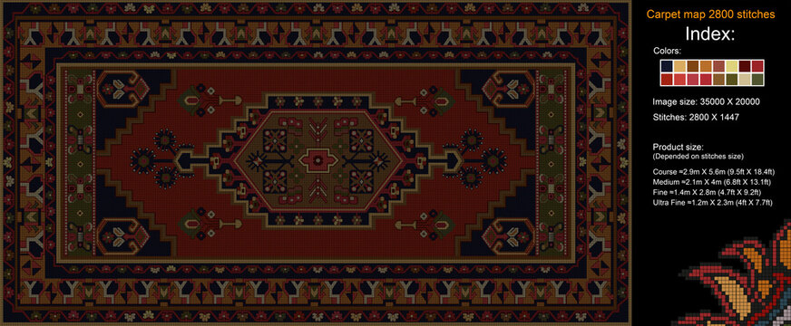 Colorful carpet pattern for knitting cross stitch, carpet, rug, fabric, knitting, etc., with mosaic squares and grid guidelines. 2800 stitches. Read the index to learn the details.