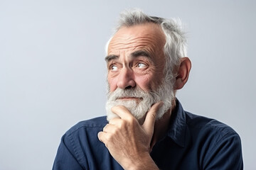 Thinking face old man with decision on isolated white background.