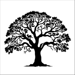 Black color silhouette of a oak tree with leaves vector illustration suitable for logo designs, graphic illustrations, nature-themed projects, and promotional materials.