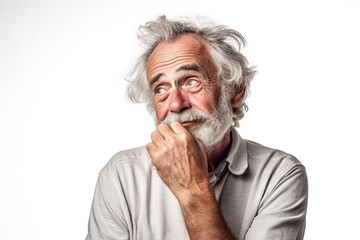 Thinking face old man with decision on isolated white background.