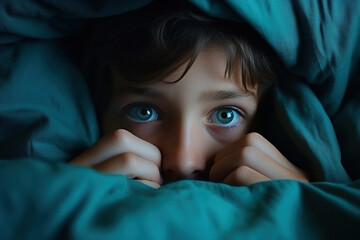 The child was scared before going to bed. Night terrors in a child. - obrazy, fototapety, plakaty