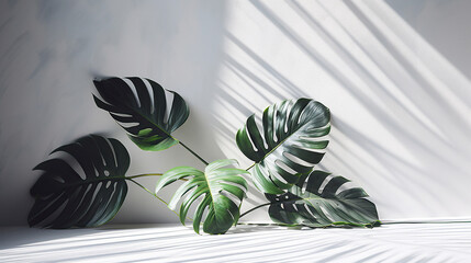 Tropical leaves over grey table casting shadow on white background