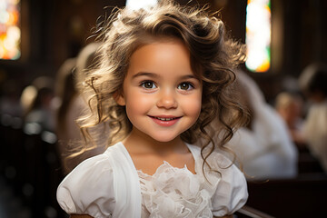 Young girl, 2 years old, dressed in white, standing proudly in front of the church - obrazy, fototapety, plakaty