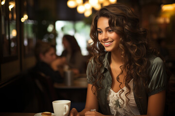 Young latin woman drinking coffee at restaurant