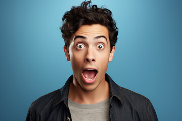 young man expressing surprise and shock emotion with his mouth open and wide open eyes. isolated on blue background