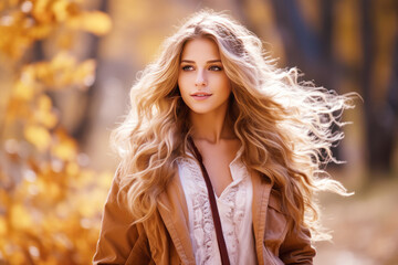 Young smile blonde woman walking at park in autumn morning