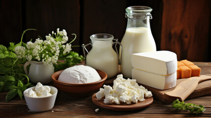 Fresh dairy products, milk, cottage cheese, eggs, yogurt, sour cream and butter on wooden table.