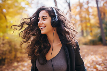 Smile black hair woman wear headset walking at park in autumn morning - Powered by Adobe