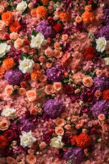 Obraz na płótnie Canvas Flowers wall background with amazing red,orange,pink,purple,green and white flowers. Image created using artificial intelligence.