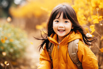 Little girl smile playing at park in autumn morning, yellow jacket