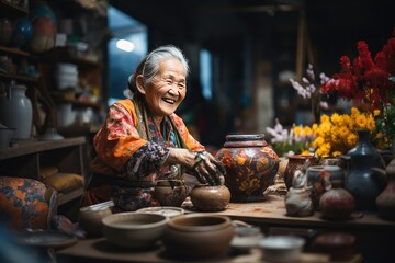 Elder asian woman sculptor in sculpture workspace, Generate With Ai.