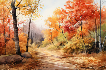 Fototapeta premium Watercolor Autumn leaves abstract background, Colorful foliage in path