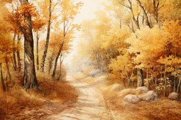 Watercolor Autumn leaves abstract background, Colorful foliage in path