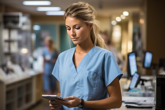 Nurse Using A Tablet For Digital Patient Records, Generative AI