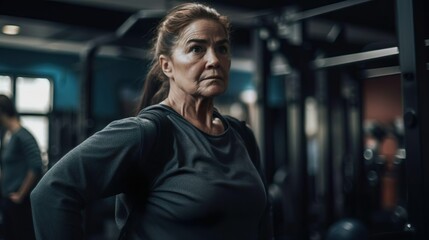 An elderly female athlete coach woman in the gym. Muscular, sportive mature woman. Concept of action, motion, calories, healthy lifestyle.