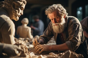 Fototapeta na wymiar Older Man sculptor creates sculpture clay human model, Generate With Ai.
