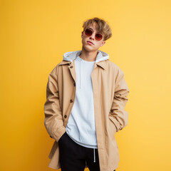 Generative AI, stylish fashionable teenager with a trendy hairstyle on a colored background, handsome guy with glasses, youth, student, party, new generation, zoomer, space for text