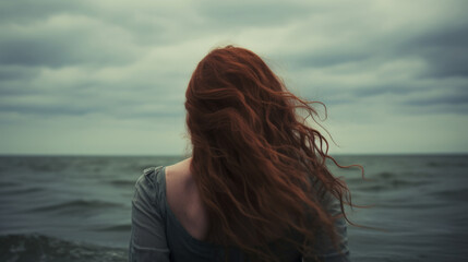 Fototapeta na wymiar Portrait of woman with red hair in severe emotional distress, standing in ocean hurt and filled with overwhelming sadness, broken spirit, cold Atlantic ocean, moody and subdued color tone.