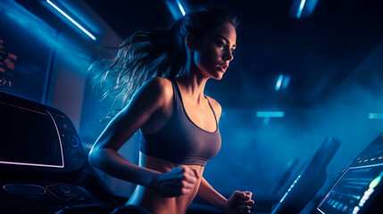 Fototapeta na wymiar Beautiful female athlete runner sprinter young woman running on a treadmill in the gym. Muscular, sportive girl. Concept of action, motion, calories, healthy lifestyle.