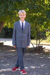 Happy schoolboy in plaid suit