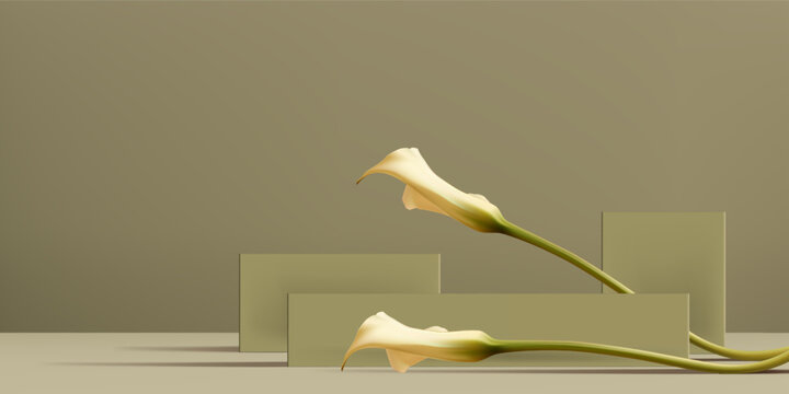 Abstract 3D Vector minimal scene for mockup product display. Cosmetic product background for sale event concept. Stage showcase with white calla lily on beige display studio background. Vector EPS10
