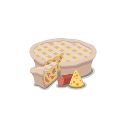 Pie and its piece with cheese and ham on a white background in a minimalist style